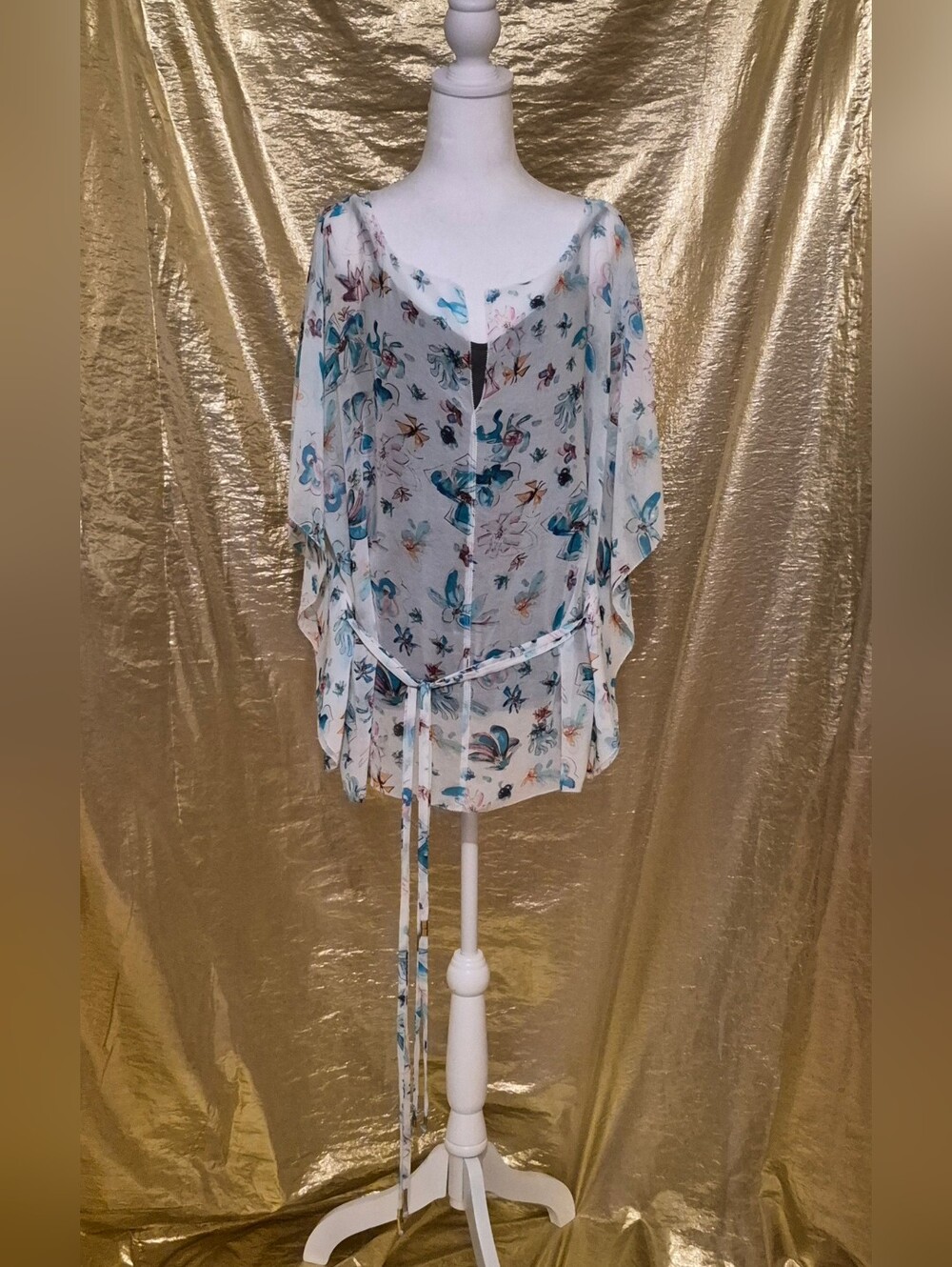 RACHEL Rachel Roy Sheer White and Floral Tie-Waist Top - Picture 1 of 8